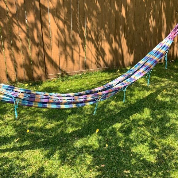 handmade hammock cotton purple yellow blue plaid tartan camping colourful‎ - Picture 5 of 9